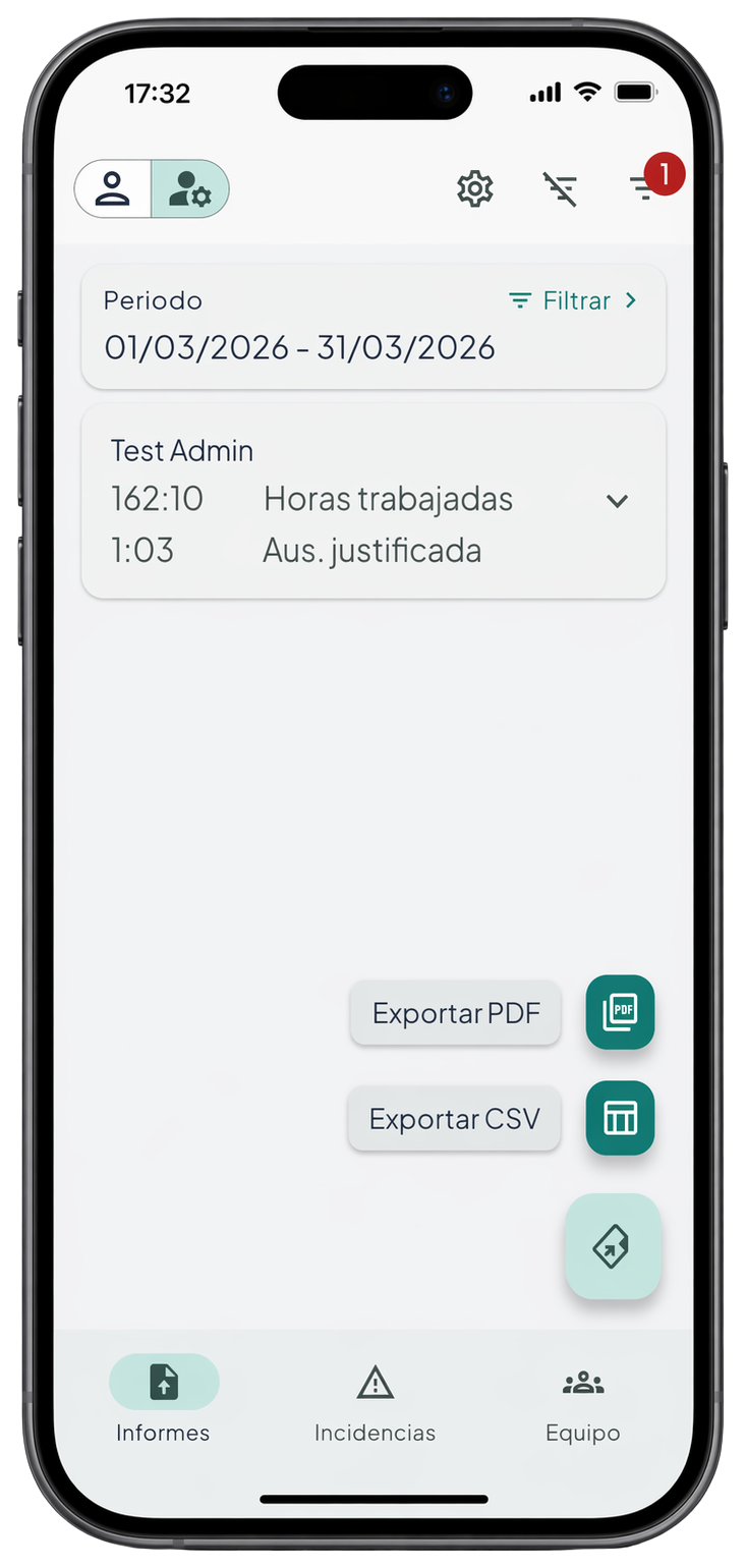 Pantalla de exportación de informe de jornadas en WorkTracker