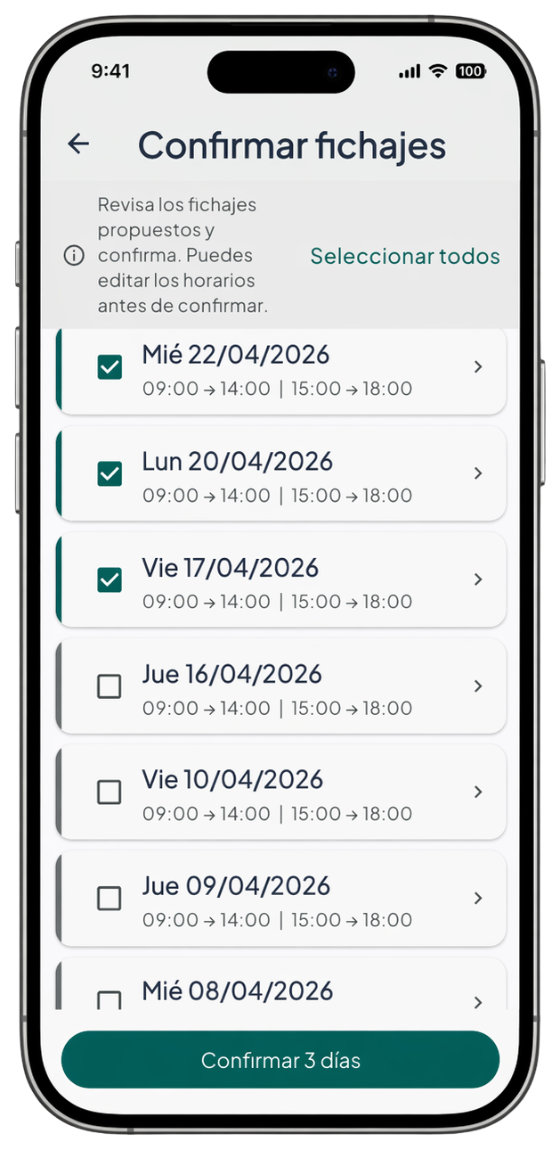 Pantalla de confirmación de fichajes pendientes en WorkTracker